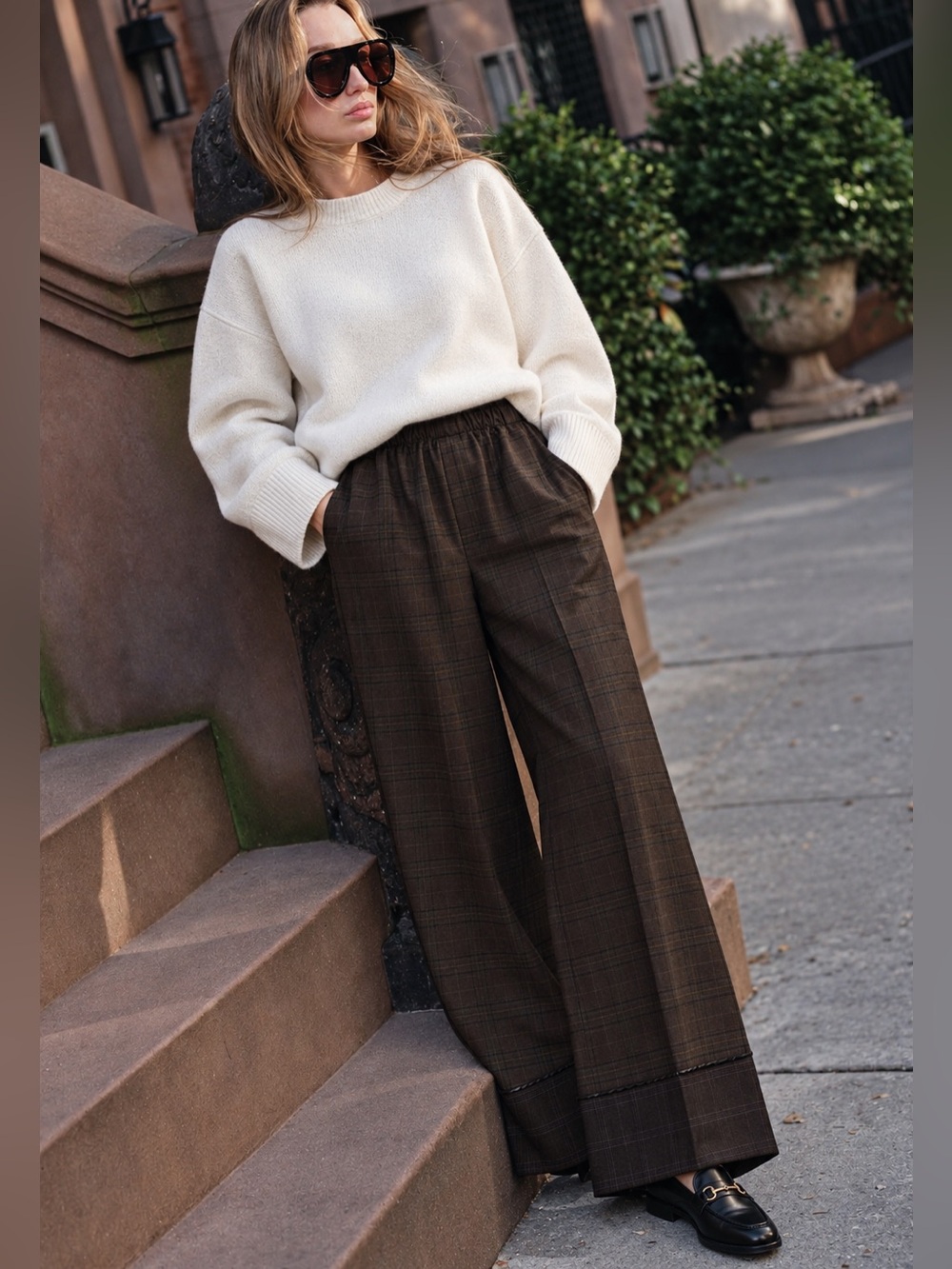 ZARA Contrasting Checkered Elastic Waist Pants
